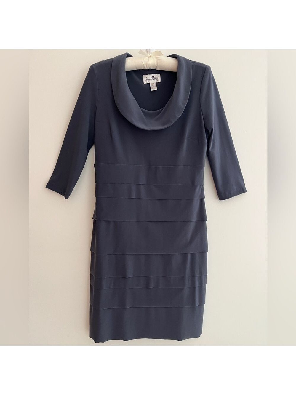 JOSEPH RIBKOFF Scoop Neck Dress 3/4 Sleeve Layered Skirt Minimalist Neutral